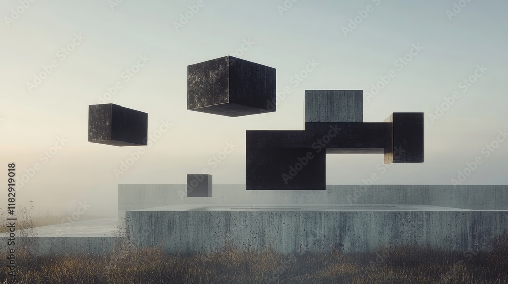 Poster A captivating abstract scene featuring floating geometric blocks and a stark concrete structure, complemented by a silhouette to emphasize the modern design.