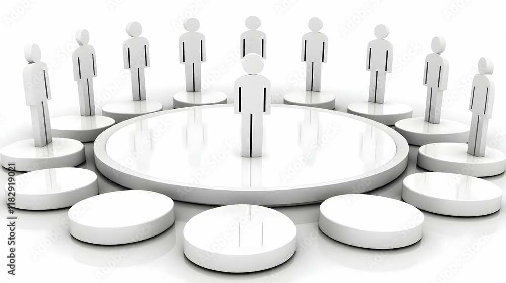 Poster 3d figures stand on white platforms around a central figure on a large circular platform