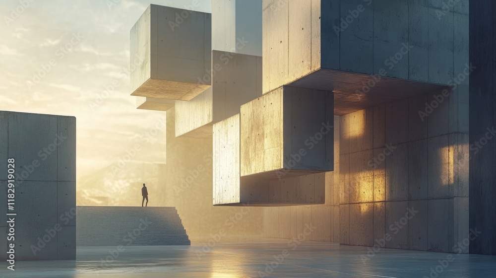Poster A captivating abstract scene featuring floating geometric blocks and a stark concrete structure, complemented by a silhouette to emphasize the modern design.