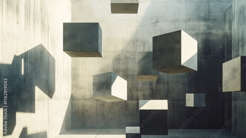 Poster A captivating abstract scene featuring floating geometric blocks and a stark concrete structure, complemented by a silhouette to emphasize the modern design.