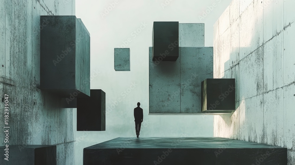 Poster A captivating abstract scene featuring floating geometric blocks and a stark concrete structure, complemented by a silhouette to emphasize the modern design.