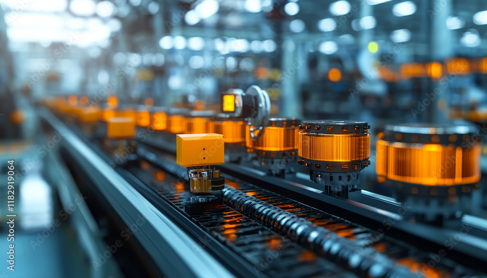 Poster automated industrial machinery with sensors and orange components