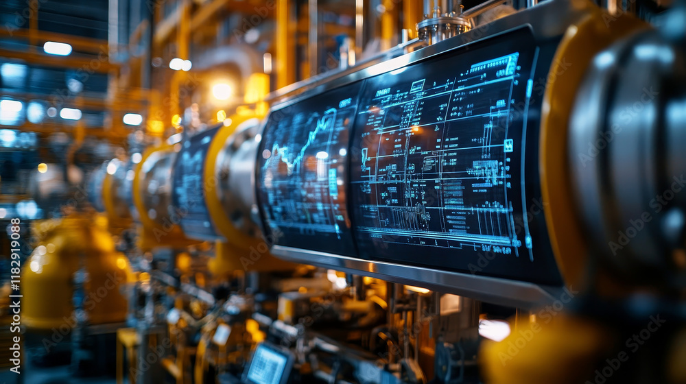 Poster industrial plant with digital screens displaying usage data and analytics