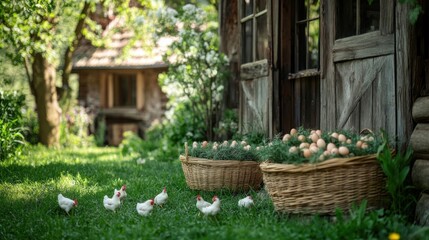 Hens and fresh eggs in baskets by a rustic wooden building.