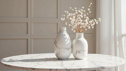 Elegant white marble table shines with intricate gray and white patterns, set against crisp white background and softened by subtle shadows
