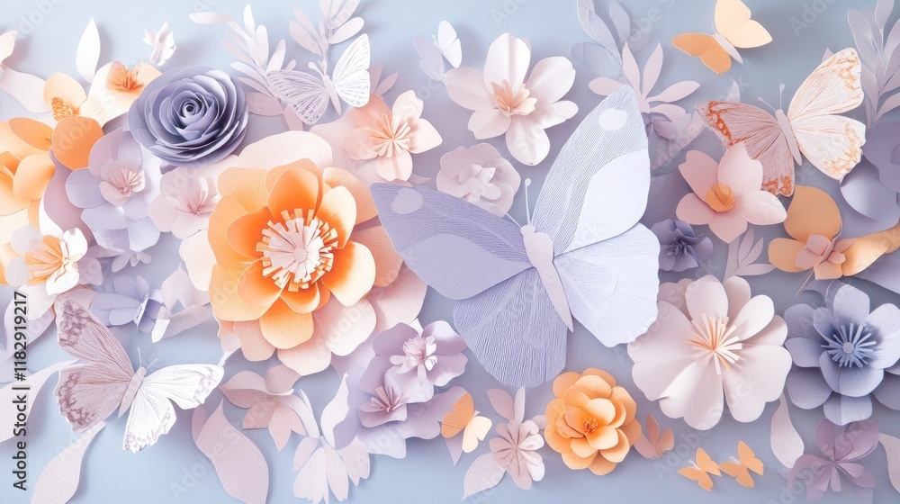 Aufkleber a charming display of pastel paper flowers and butterflies, creating a light, elegant atmosphere per