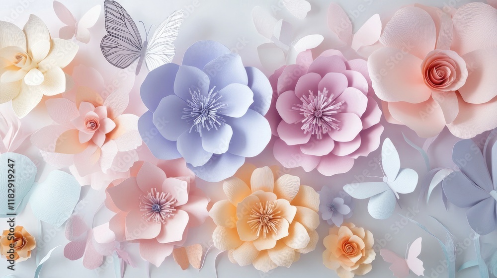 Aufkleber a charming display of pastel paper flowers and butterflies, creating a light, elegant atmosphere per
