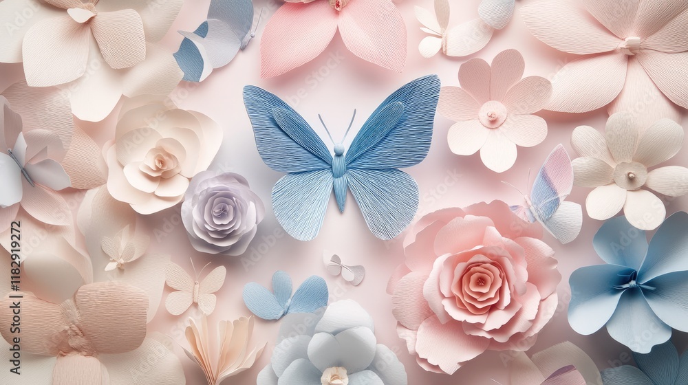 Aufkleber a charming display of pastel paper flowers and butterflies, creating a light, elegant atmosphere per