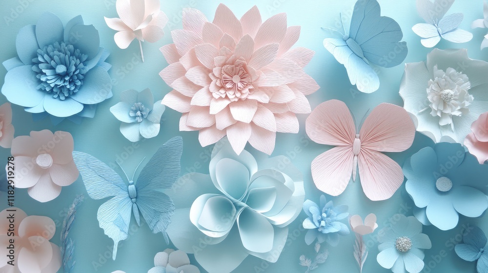 Aufkleber a charming display of pastel paper flowers and butterflies, creating a light, elegant atmosphere per