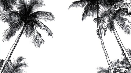 Monochrome sketch of palm trees against white background.