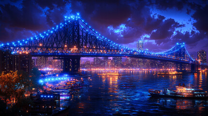 Obraz premium Majestic Night Bridge: City Lights and Skyline Reflections