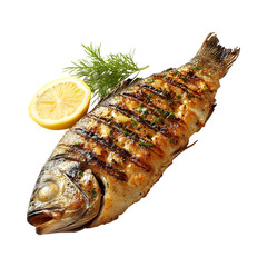 Grilled Fish with Lemon Slice Isolated on Transparent Background