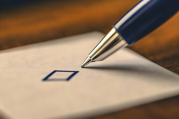 Blue Pen Marks a Checkbox on White Paper Accurately and Precisely on a Wooden Table