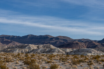 Lacustrine deposits are sedimentary rock formations which formed in the bottom of ancient lakes. Shoshone, Inyo County, California. Lake Tecopa is a former lake. Tecopa Lake Beds. 	Mojave Desert.
