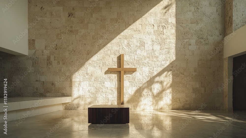 Aufkleber a clean and minimalist space with a sunlit wooden cross against a textured stone wall, creating a si