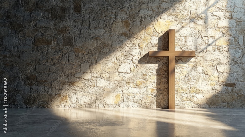 Aufkleber a clean and minimalist space with a sunlit wooden cross against a textured stone wall, creating a si