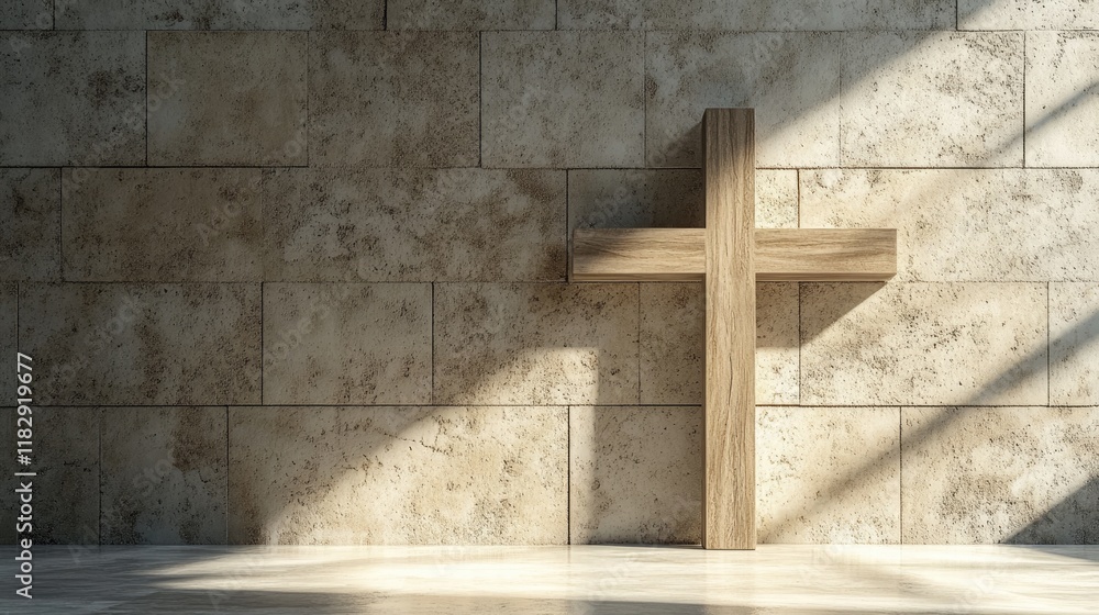 Aufkleber a clean and minimalist space with a sunlit wooden cross against a textured stone wall, creating a si