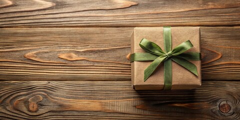 A thoughtfully wrapped gift box with a rustic charm, presented on a rich wooden surface