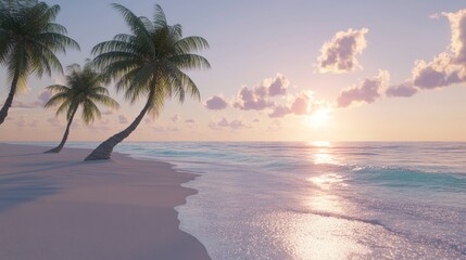 Fototapeta premium Idyllic sunset beach scene with palm trees.