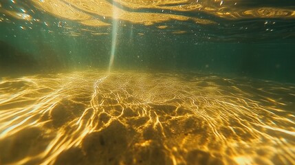 Underwater sunbeams illuminate sandy seabed.