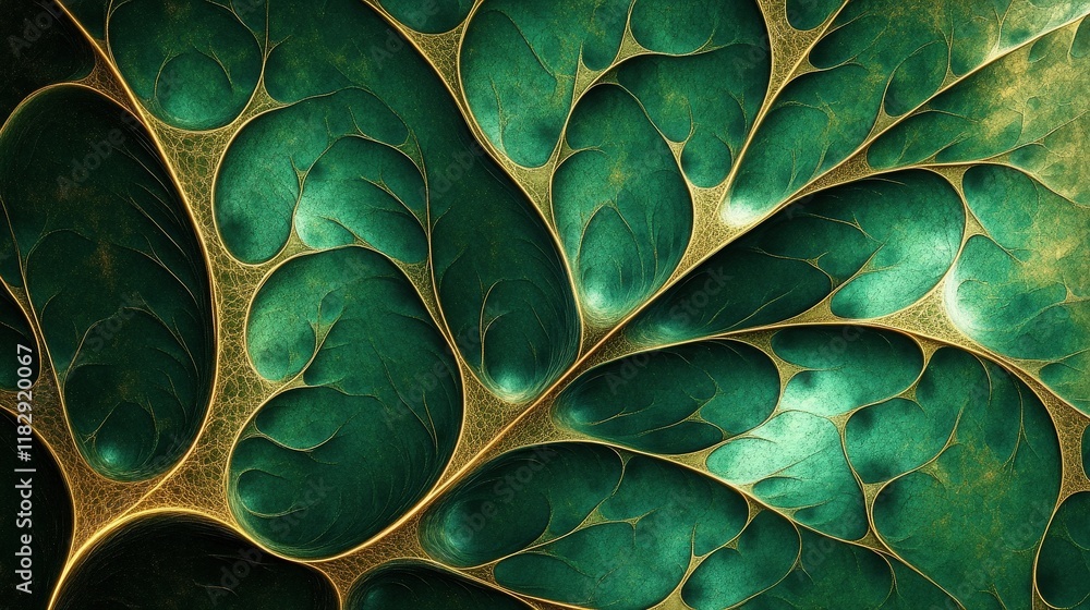 Poster a fractal pattern that mimics the veins of a leaf, illuminated in green and gold