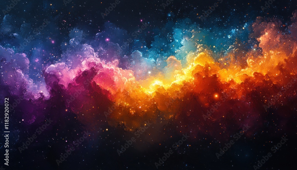 Poster vibrant rainbow spectrum light refraction abstract art with soft glows and sparkling dust in dark co