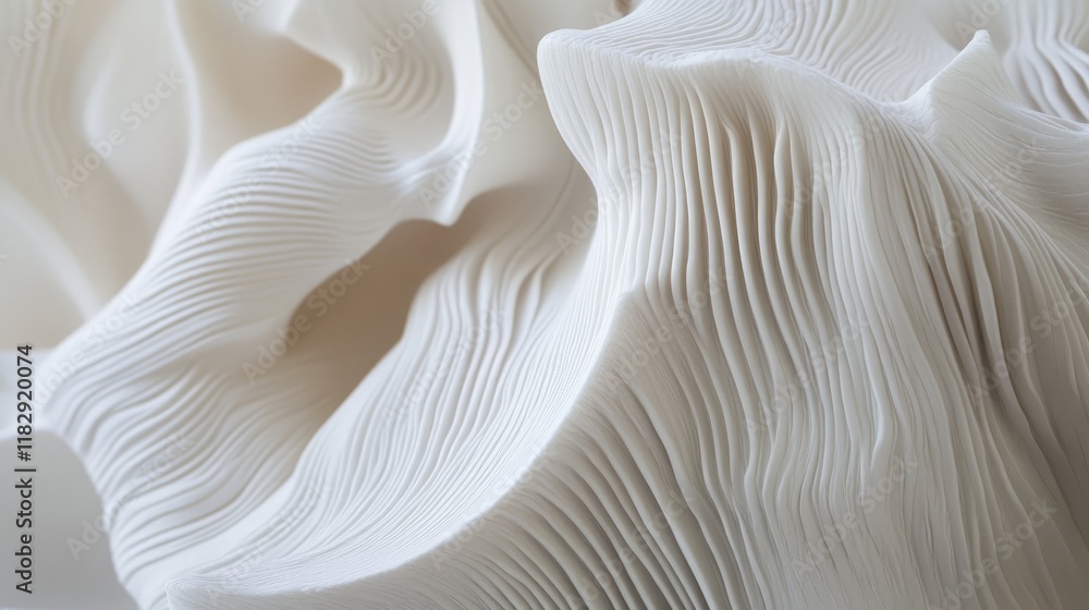 Poster a close-up of dynamic white fabric with radial folds, showcasing intricate textures and flowing line