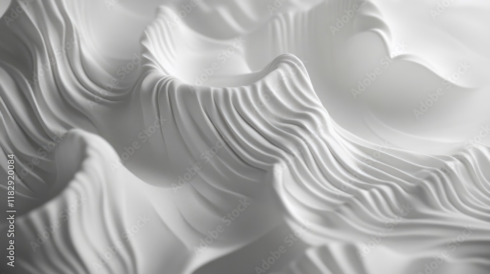Poster a close-up of dynamic white fabric with radial folds, showcasing intricate textures and flowing line