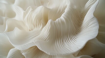 A close-up of dynamic white fabric with radial folds, showcasing intricate textures and flowing lines in soft, elegant lighting.