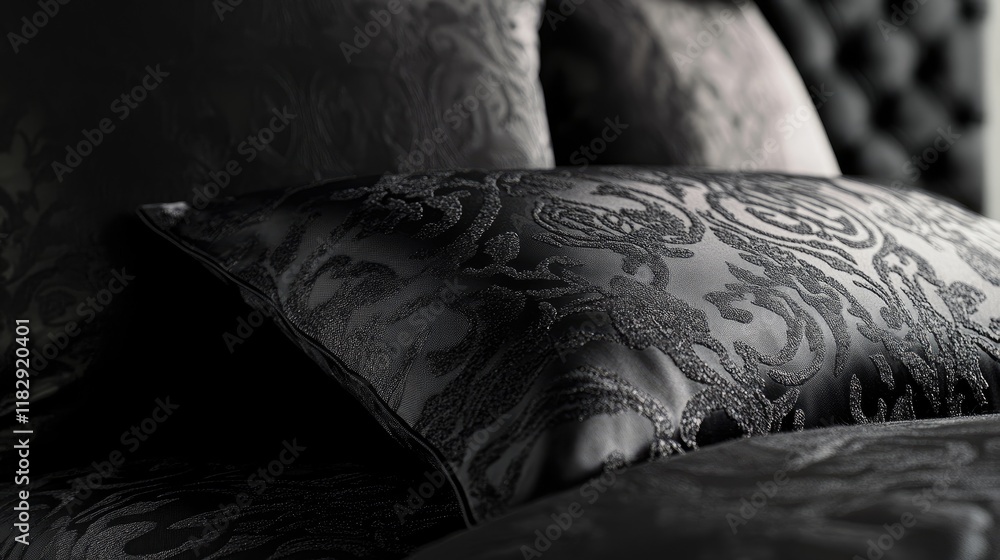 Aufkleber A close-up of luxurious black fabric with detailed patterns, emphasizing the depth and tactile quality of the material in a sophisticated composition.