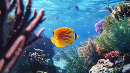 Obraz premium A close-up shot of a vibrant butterflyfish swimming in a lush coral reef, with the vast blue ocean filling the background for a stunning marine view.