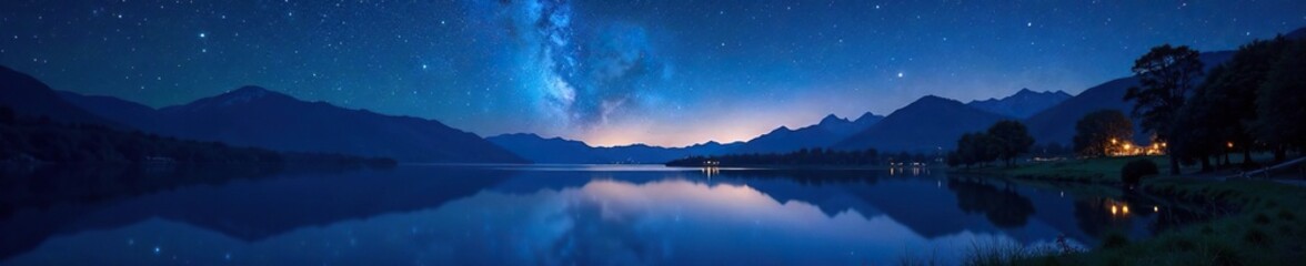 Starry night with a serene lake in the distance, peaceful, reflection