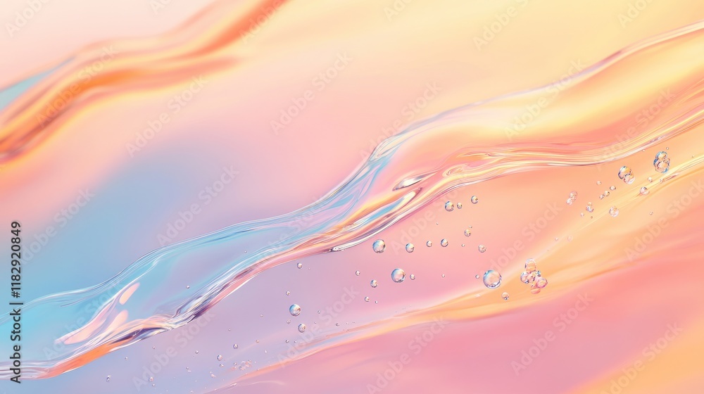 Poster A close-up shot of transparent liquid forming delicate waves, with tiny bubbles floating against a soft gradient background of pastel shades.