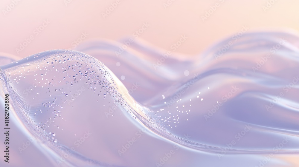 Poster a close-up shot of transparent liquid forming delicate waves, with tiny bubbles floating against a s