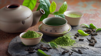 Premium Green Tea Powder and Skincare Ingredients in Traditional Bowls