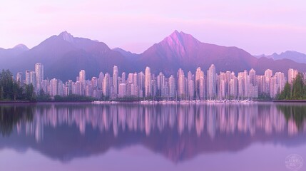 Obraz premium Pink Dawn Cityscape Reflected in Calm Waters