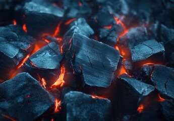 Dark Charcoal Blocks with Glowing Embers in a Fiery Setting, Perfect for Representing Heat, Cooking, and Barbecue Scenes in Stock Photography