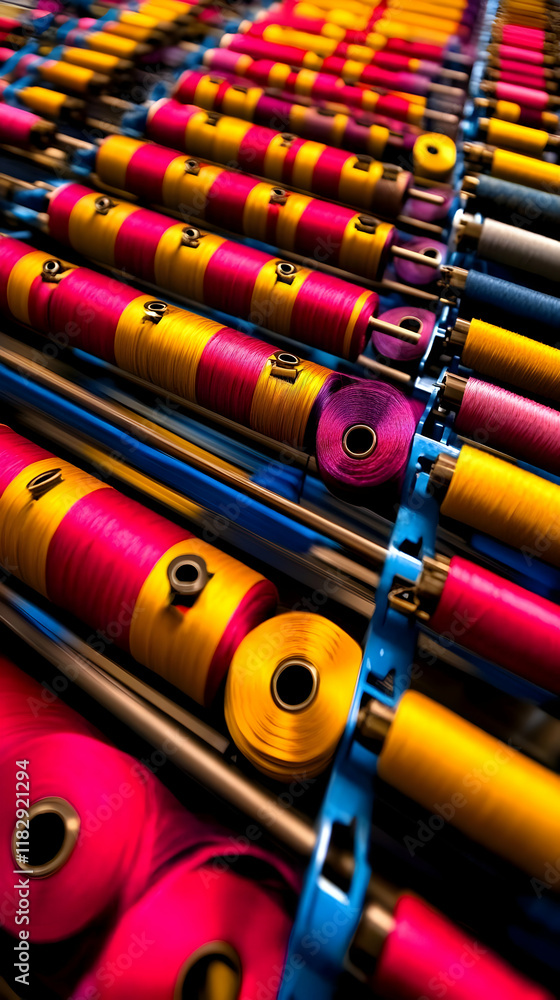 Poster colorful thread spools aligned on industrial machine in textile factory display