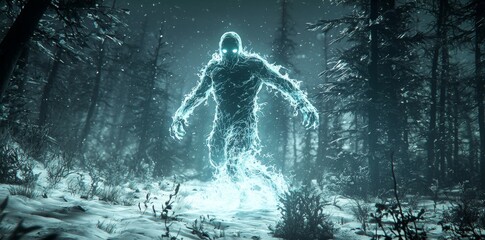 Fototapeta premium Ethereal Glowing Creature Walking Through Enchanted Snowy Forest at Night with Mystical Atmosphere and Frosty Surroundings