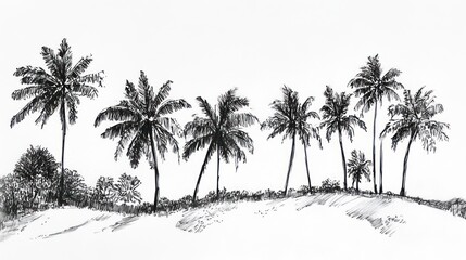 Ink drawing of palm trees on a beach.