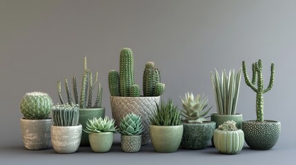 A collection of various succulents in textured green pots, arranged on a gray background for a stylish and contemporary plant display.