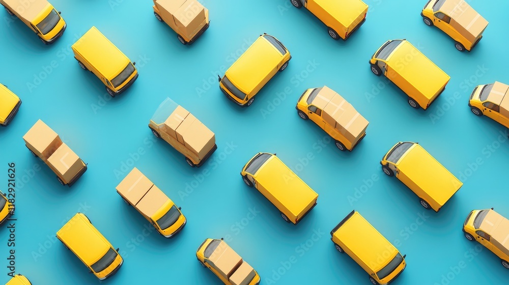 Poster a colorful arrangement of yellow delivery vans with cardboard boxes on a blue background, illustrati