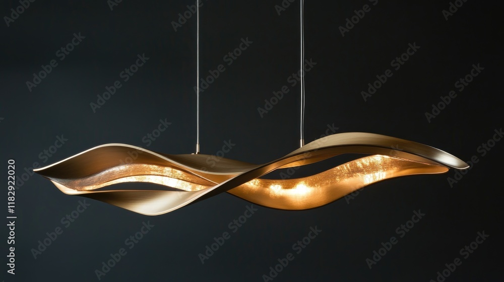 Poster a contemporary gold light fixture with a unique curved design, emitting warm, ambient light to add e