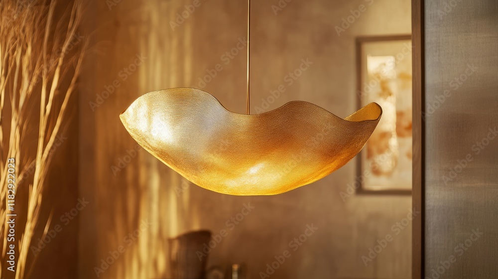 Poster a contemporary gold light fixture with a unique curved design, emitting warm, ambient light to add e