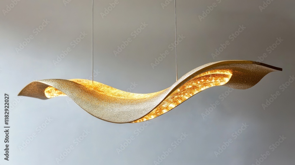 Poster a contemporary gold light fixture with a unique curved design, emitting warm, ambient light to add e