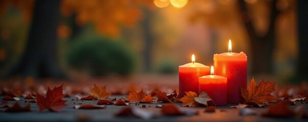 Warming candlelight and autumnal hues create ambiance, leaves, seasonal colors