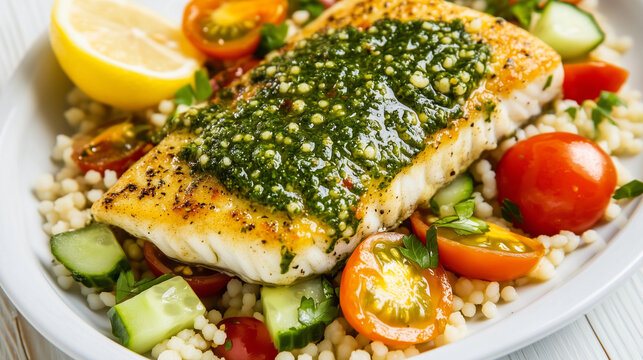 Mediterranean Baked Cod with Chermoula and Fluffy Couscous Salad