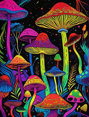 Magic mushrooms poster illustration noir sensual colorful variety 70s retro style psychedelic trippy art on black background meditation room decor micro dose spiritual mystical hippie style	