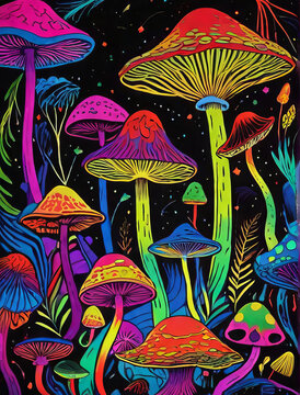 Magic mushrooms poster illustration noir sensual colorful variety 70s retro style psychedelic trippy art on black background meditation room decor micro dose spiritual mystical hippie style	