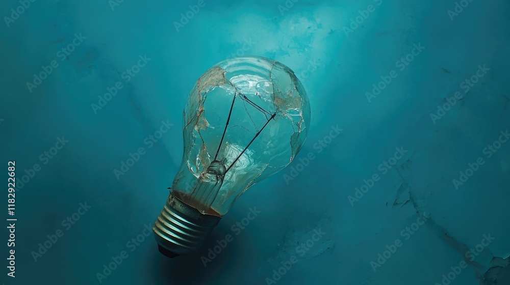 Poster a cracked light bulb lying against a smooth blue background, capturing the beauty of imperfection an